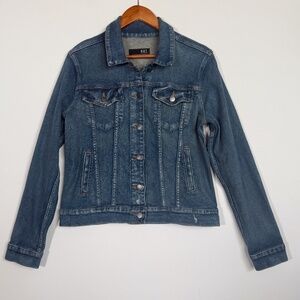 Kut from the Kloth JACQUELINE Cropped Denim Jacket size L dark stone wash color